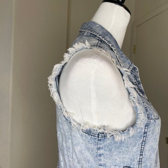 Love Stitch Light Acid Wash Distressed Denim Vest Y2K 90's Sz S - Picture 3 of 8